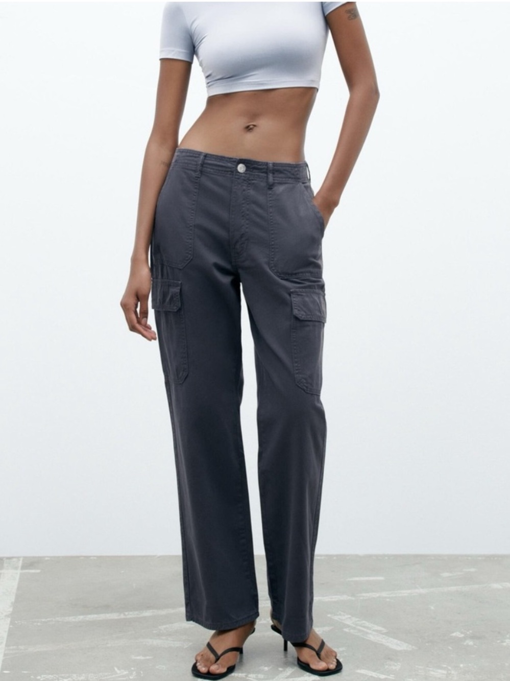 Zara High Rise Straight Leg Cargo Pants gray *extra button* 6929/165 8